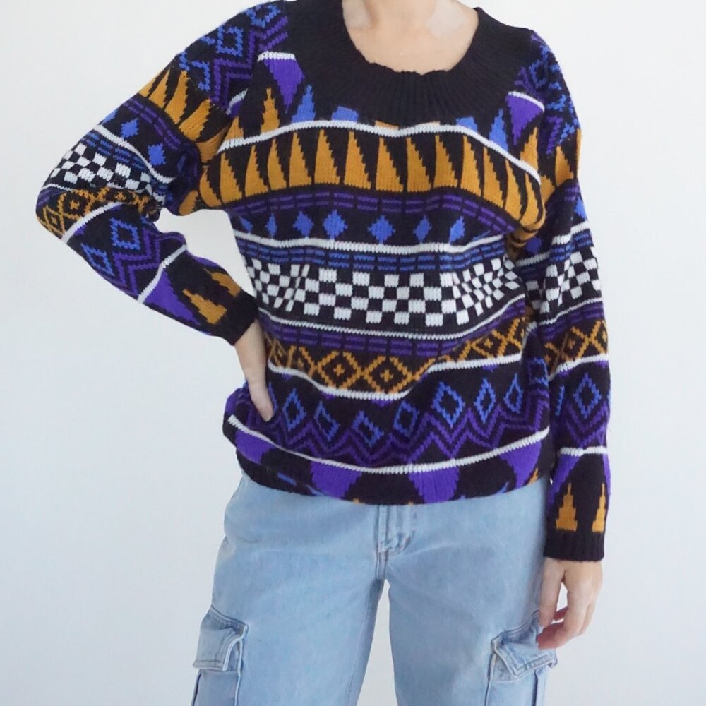 Vintage Croquet Black Geometric Fair Isle Knit Sweater Purple Gold Patterned L